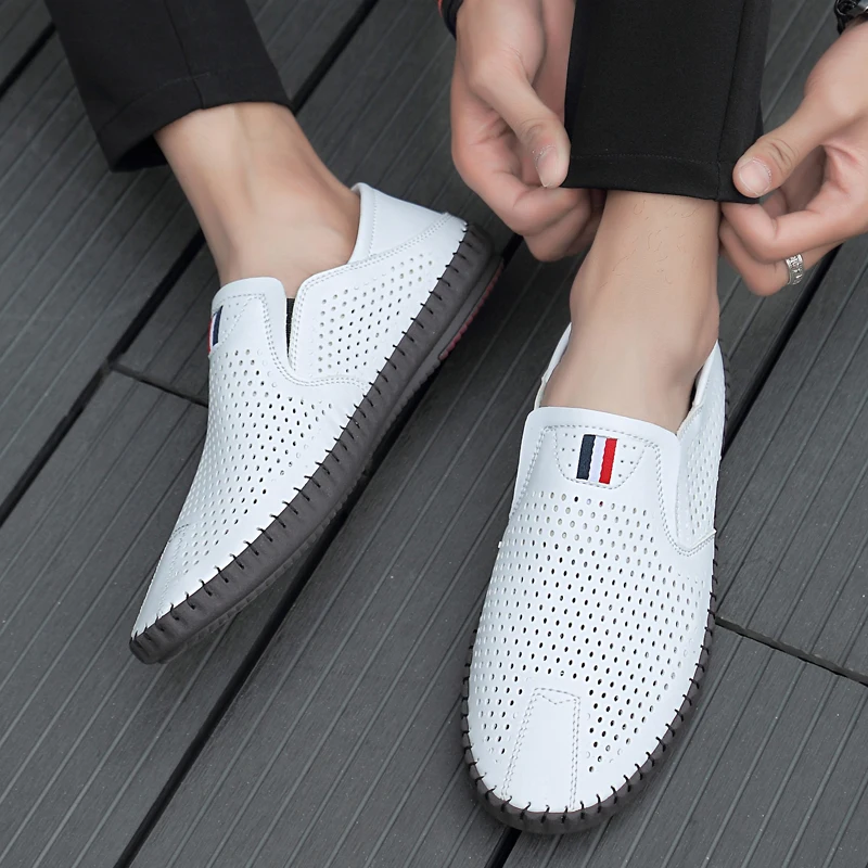 

2022Luxury Brand Men ShoesSummer White Perforated Leather Shoes Hollowed Out and Breathableleather Shoes Loafer Shoes Men Casual