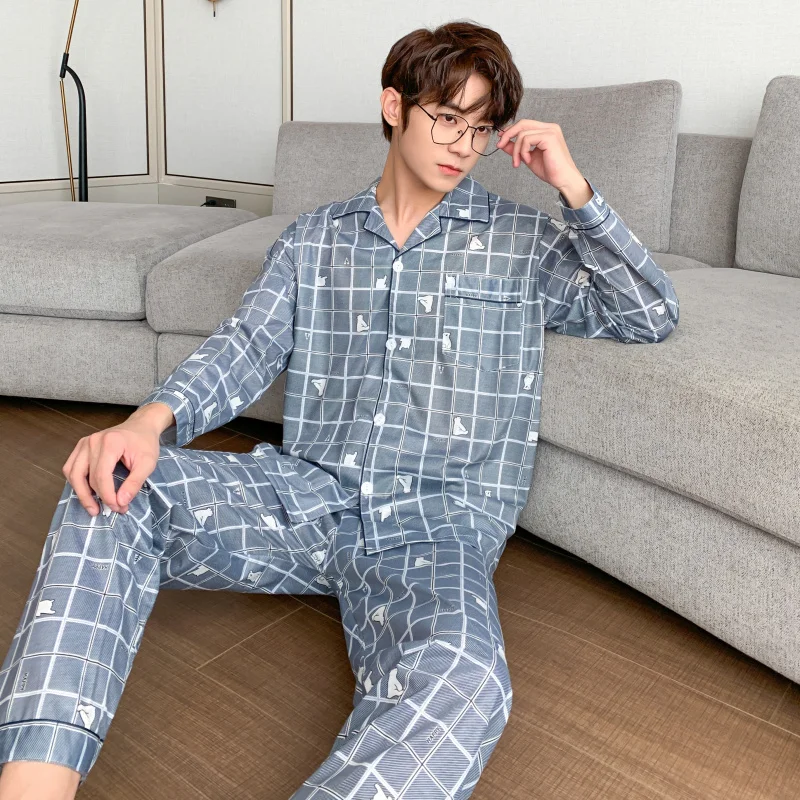 CAIYIER Striped Men Sleepwear Long Sleeve Cardigan Long Pants Nightwear Male Pyjama Autumn Winter Loounge Wear Plus Size 2XL-4XL
