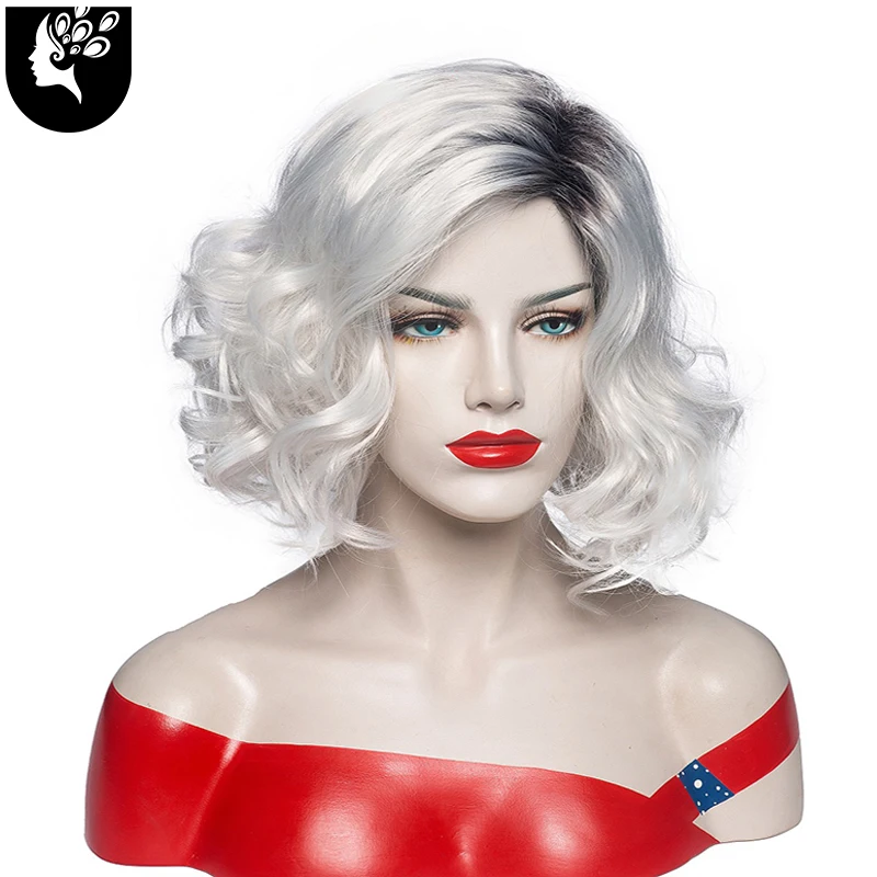 

Женские синтетические парики с короткими натуральными волнами, с темными корнями, натуральные мягкие пушистые, для косплея