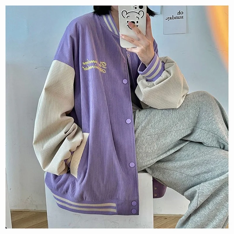 

Deeptown Vintage Women Corduroy Baseball Jacket Y2k Harajuku Korean Fashion Oversized Streetwear Cardigan Female Casual Basic