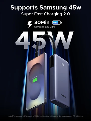 UGREEN 45 Вт 20000 мАч Встроенный кабель типа C Power Bank для Samsung S25 Ultra PPS Быстрая зарядка аккумулятора Внешнее зарядное устройство