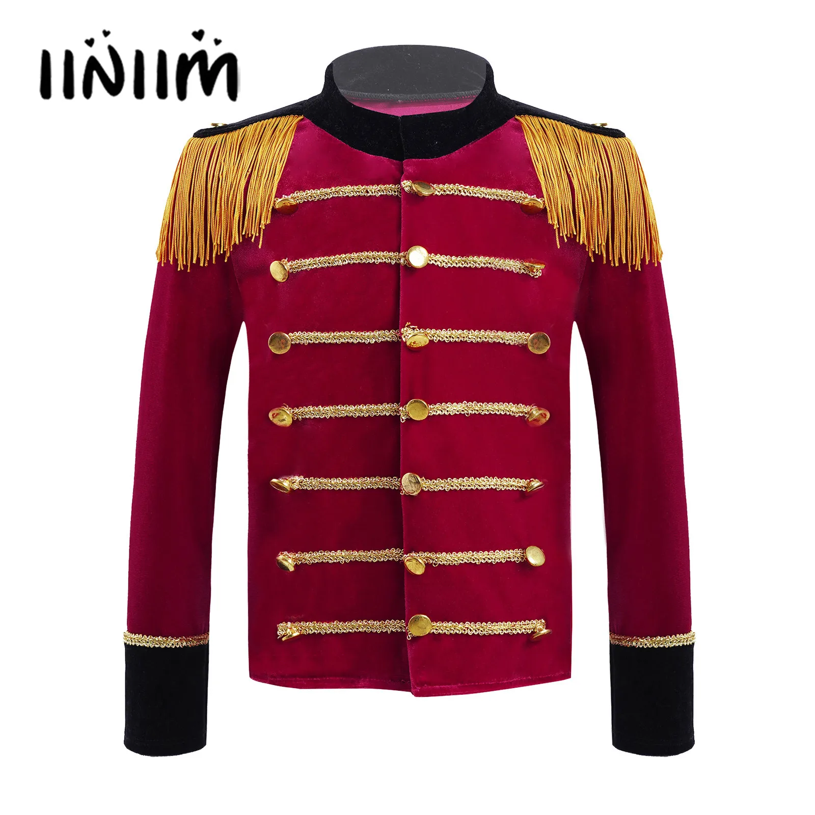 

Red Kids Boys Drum and Trumpet Team Honor Guard Uniform Performance Velvet Long Sleeves Tassels Gold Braid Trim Adorned Tops