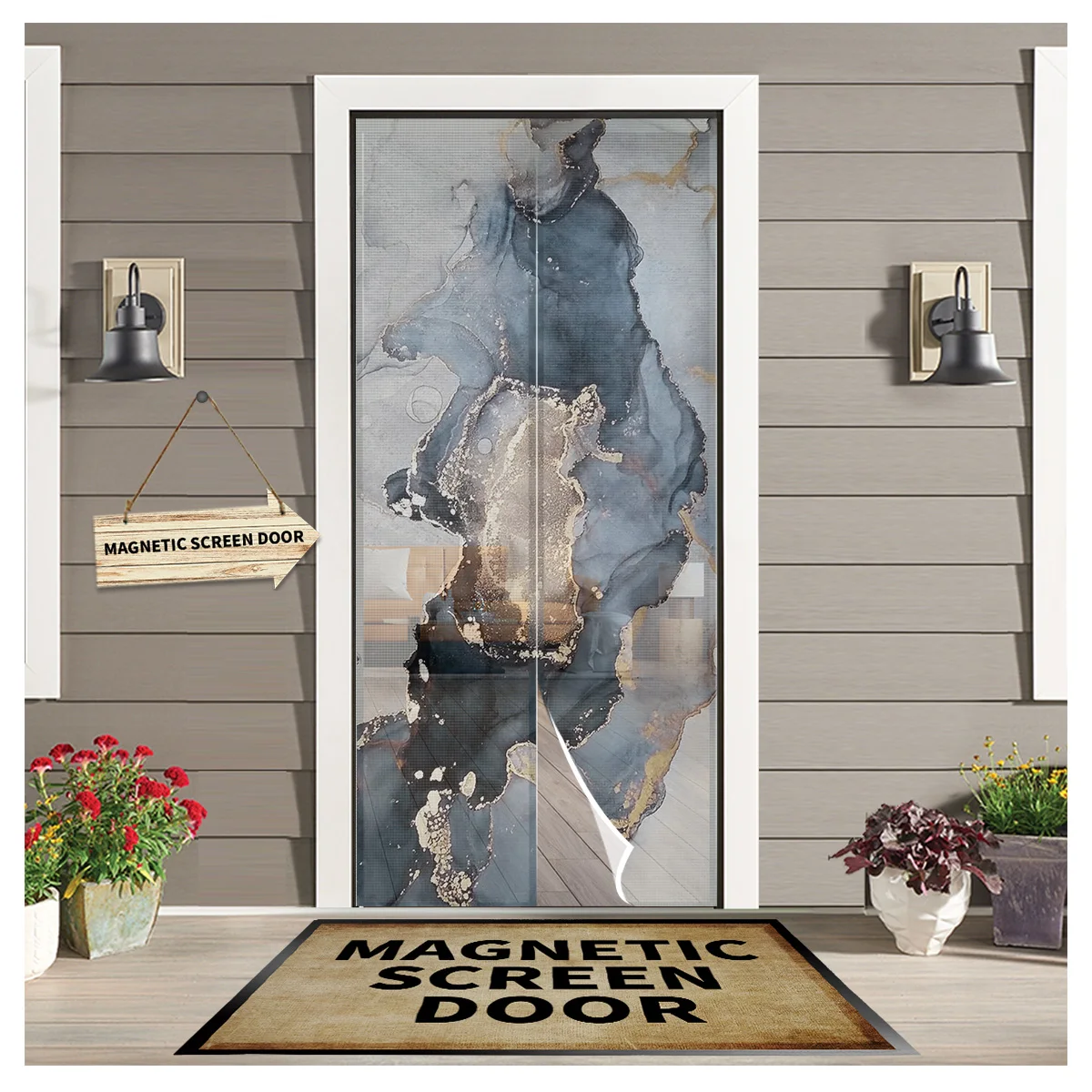

Marble Texture Ink Painting Style Magnetic Screen Door Curtain Living Room Bedroom Kitchen Anti-mosquito Window Screen
