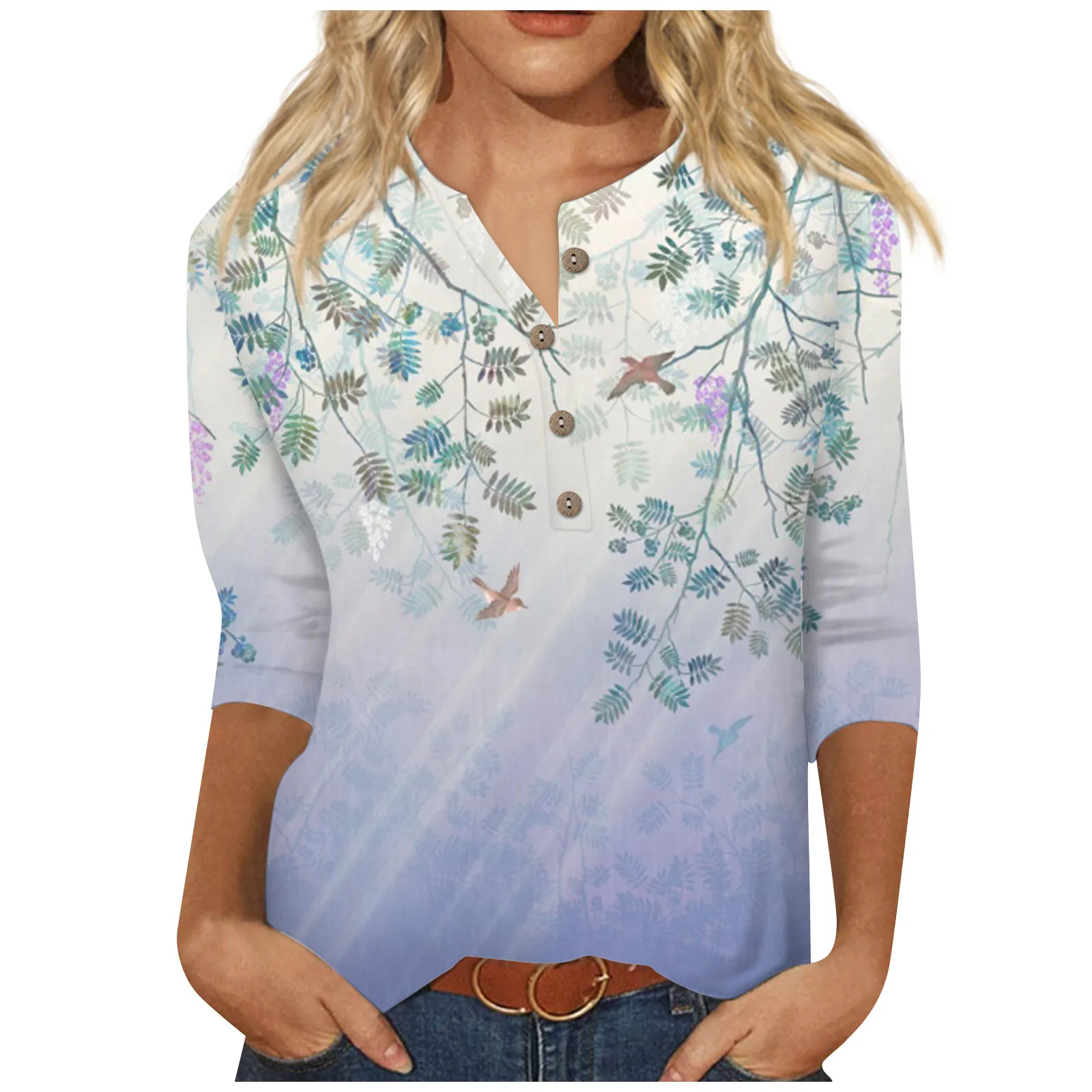 

ladies blouse Fashion 3/4 Sleeve V Collar Tee Women's Pullover Flower Printing Tee Shirt Summer Casual Top Temperament T Shirt