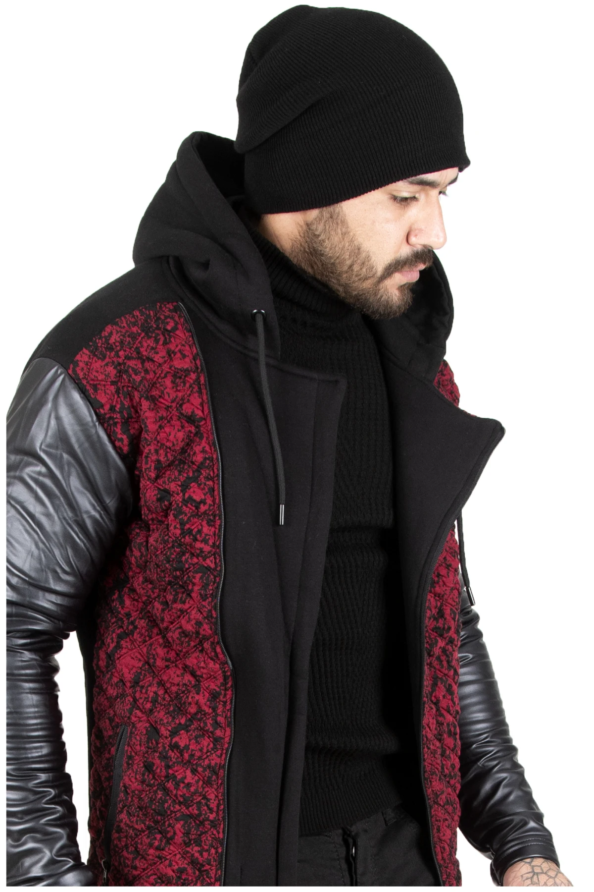 DeepSEA Male Hooded Faux Leather Coats Slim Fit Pattern Cross Zipper Autumn Winter High Quality Casual 2210076