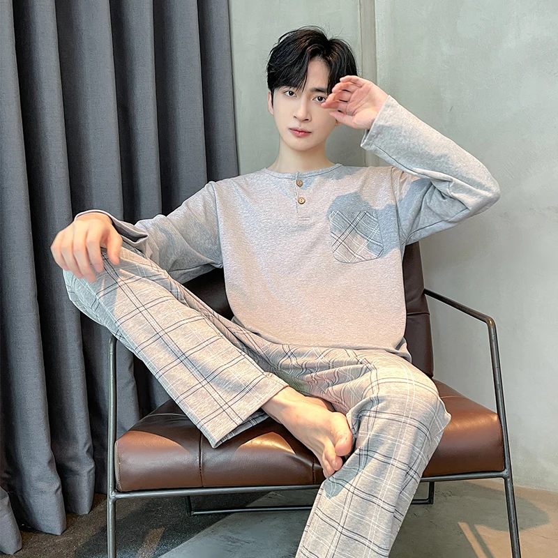 

Длинная домашняя пижама, женская одежда для сна с длинным рукавом, повседневная одежда и мужская Хлопковая весенняя пижама 100%, осенняя мужская пижама