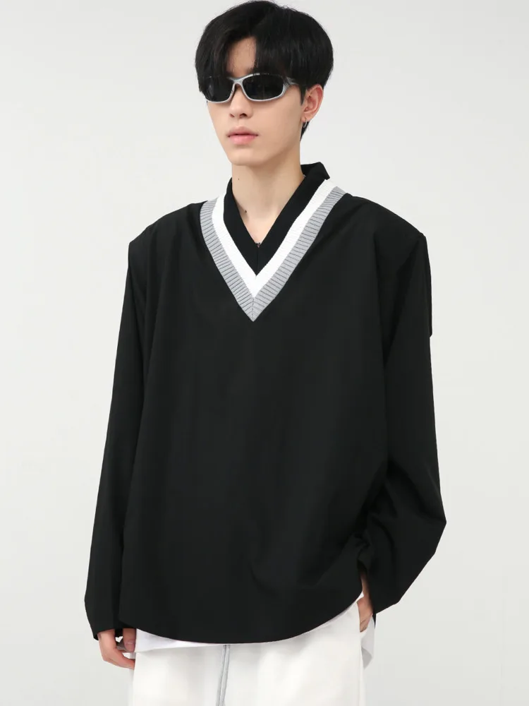 

SYUHGFA 2022 Autumn V-neck Long Sleeve Patchwork Shirt For Men Loose Casual Fashion Korea Streetwear Shirts Men Clothing