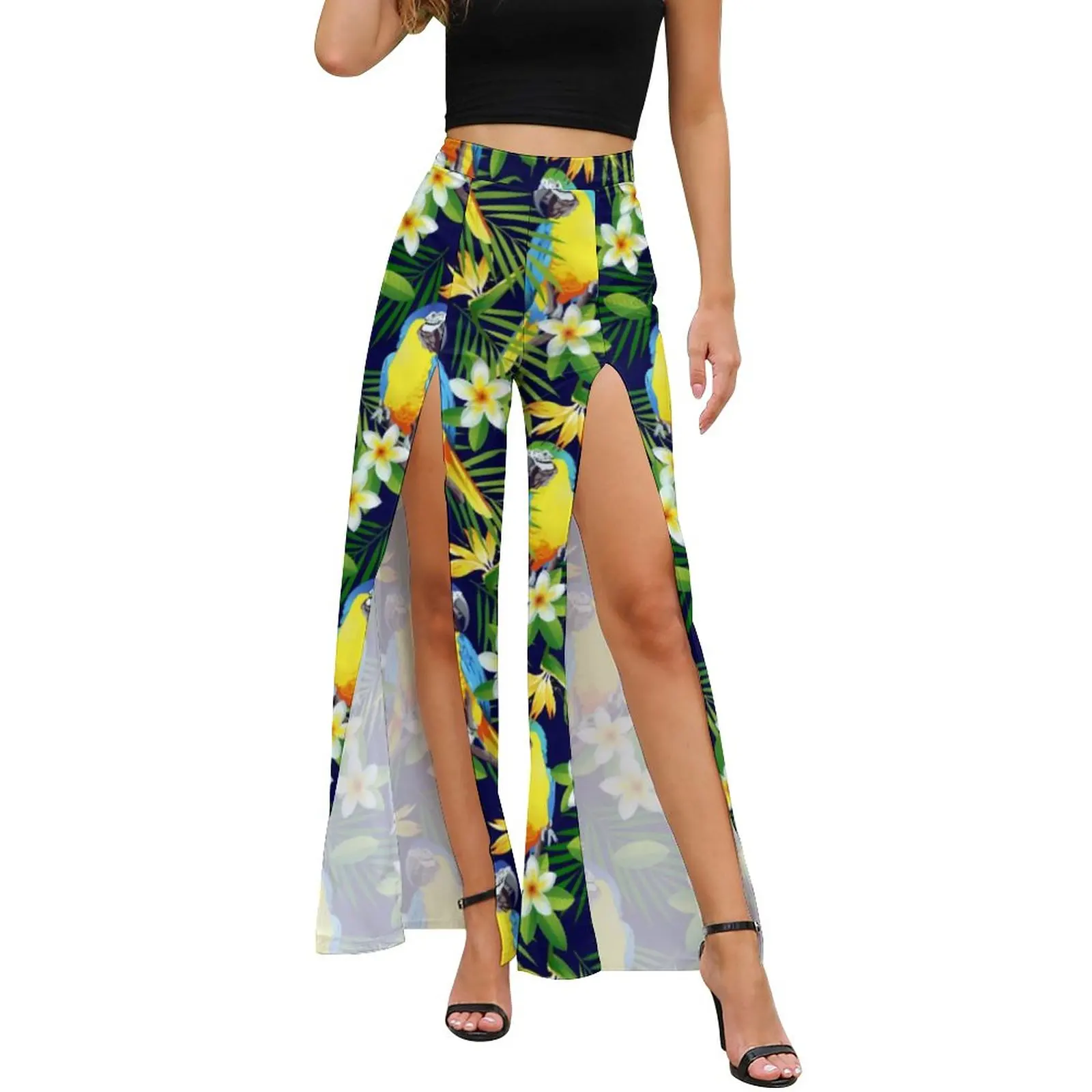 

Брюки женские с принтом попугаев и гибискуса, пикантные Широкие штаны с тропическим принтом птиц, уличная одежда с высоким разрезом, на лето