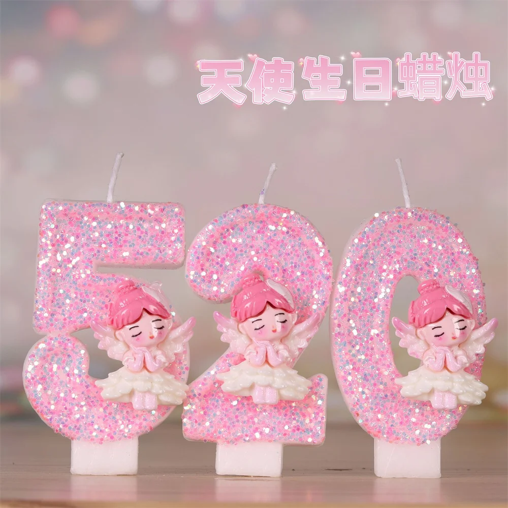 1 шт. свечи в виде розового ангела для дня рождения удлиненные 0-9 свечей 3D-дизайн