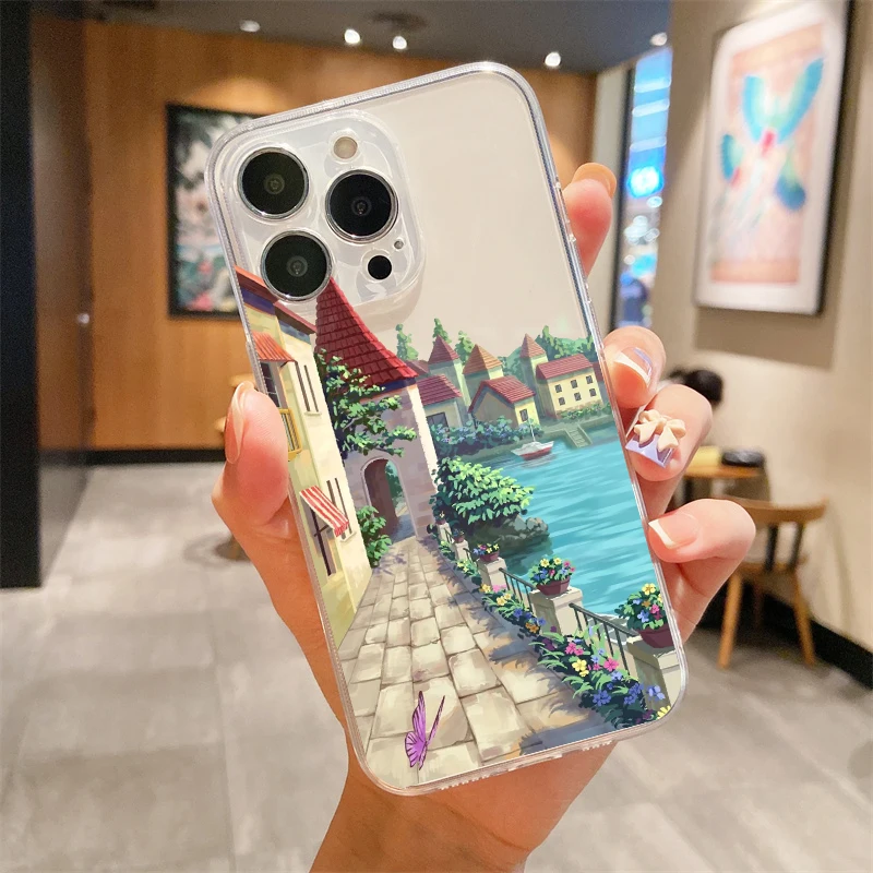 

For iphone 13 Cases Flower Phone Case For iphone 11 Case iPhone 14 12 13 Pro Mini XS Max XR 7 8 Plus scenery Transparent Cover