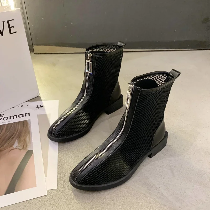 

2023 модные сетчатые дышащие женские ботильоны на молнии на массивном каблуке, женские короткие ботинки, женская летняя обувь