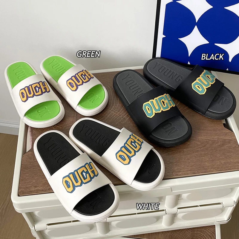 

2022 Women Slippers Summer Beach Fashion Platform Letter Comfort Flat Sandal Leisure Female Bathroom Anti-slip Men Shoes Mujer