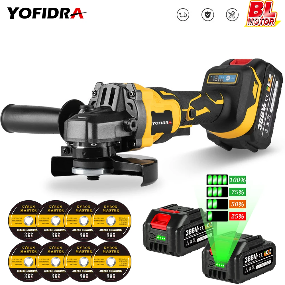 Yofidra 125mm Brushless Angle Grinder 1280W 3 Gears Variable Grinding Machine Cutting Woodworking Tool For makita 18V Battery