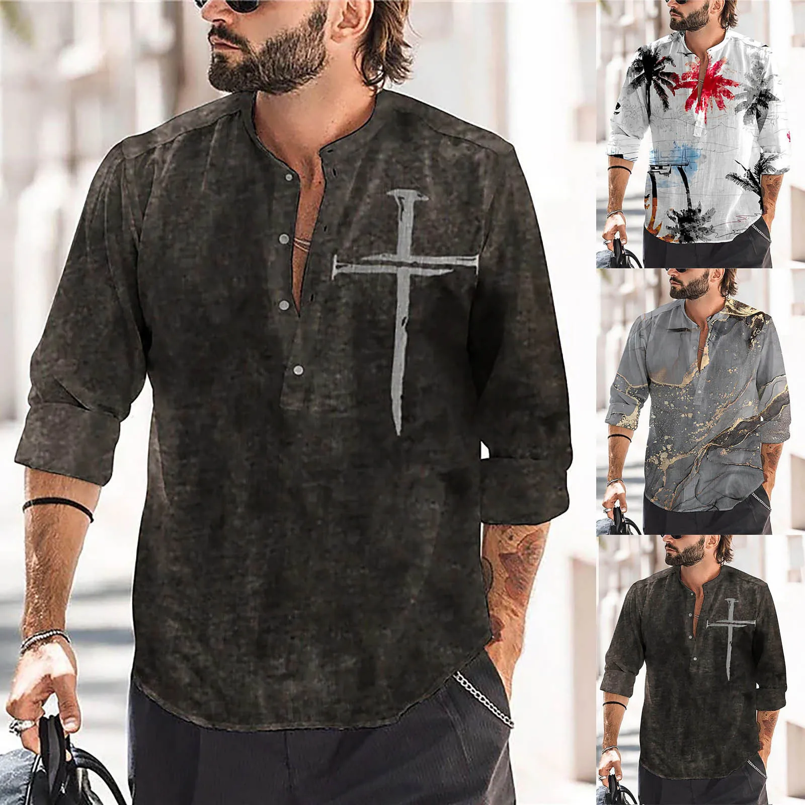 

Футболка мужская с коротким рукавом, льняная рубашка с воротником-стойкой, свободного покроя, Повседневная Дизайнерская одежда, на лето