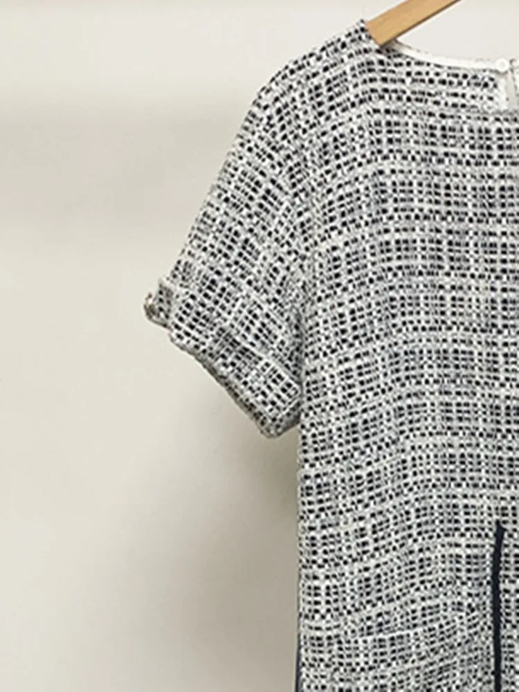 

French Elegant Women's Tweed Mini Dress 2022 Spring Summer new O-neck Lace-up Buttons All-match Female Short Sleeve Robe