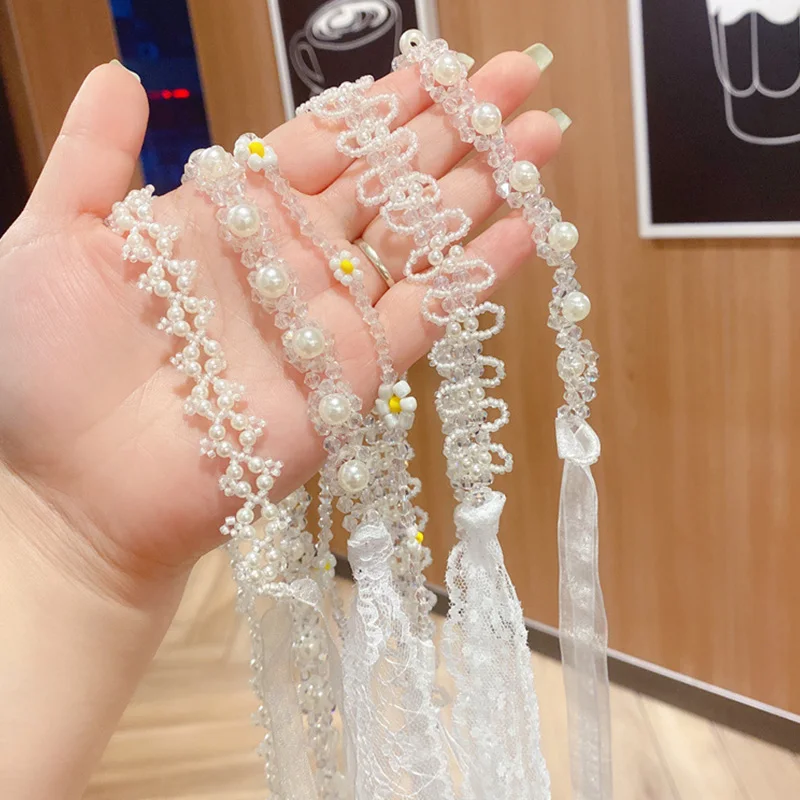 

Новинка, милая лента для волос с кристаллами и жемчугом, Цветочная кружевная лента для длинных волос, головной убор на шнуровке, колье-чокер ...