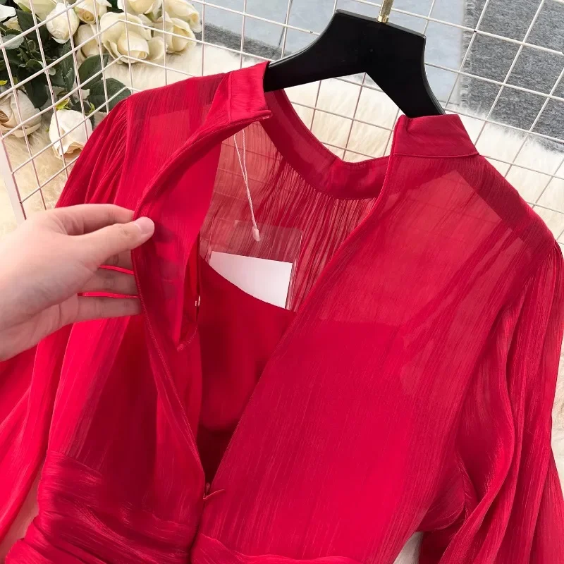 Французское плиссированное винтажное платье женское шифоновое с тонкой талией