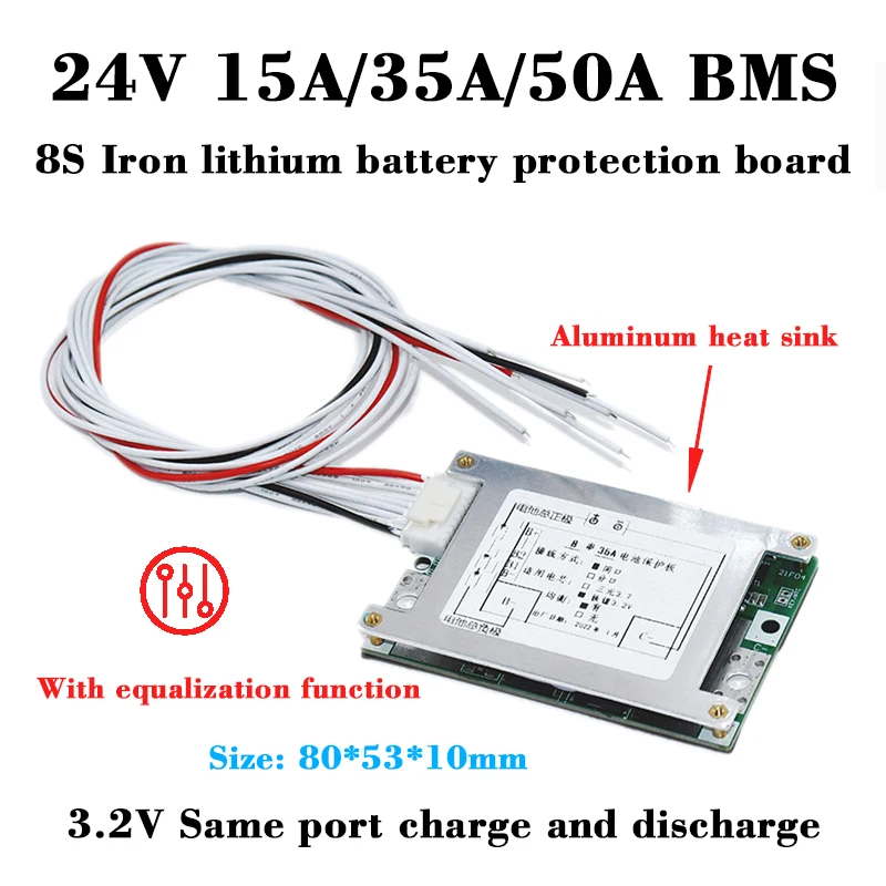 

8S 24V 15A/35A/50A Lifepo4 battery Balance BMS 3.2V Same port PCM for 24V 8S 20Ah 50Ah 100Ah Lithium Iron Phosphate battery pack