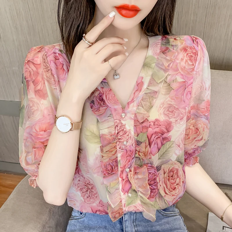 

Short Sleeve Button Floral Print Shirt Women Fashion Elegant V-Neck Chiffon Blouse Woman Casual Summer Tops Casual Clothes 22362