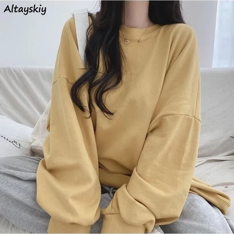 

Women Hoodies Solid Simple Loose Lantern Sleeve Sweatshirts Female Elegant Daily Fashion All-match Korean Style O-neck Students
