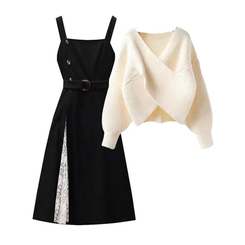 Spring and Autumn Fashion Women's Set 2023 New V-Neck Slim Knitted Sweater Sweater Strap Dress Two Piece Set