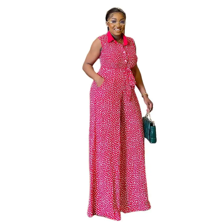 Plus Size Elegant Jumpsuit Dot Print Sleeveless Outfit Female Outwear Designer Wide Leg Pant 2023 Summer Fashion Women Jumpsuits
