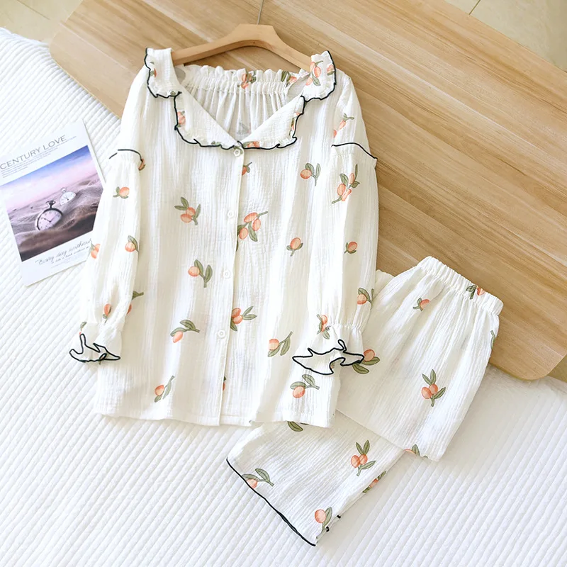

2023 Spring and Autumn New Women's Pajama Set 100% cotton crepe long-sleeved trousers two-piece summer home wear cute sleepwear