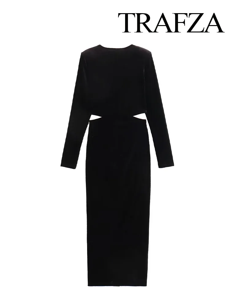 TRAFZA женское черное сексуальное модное бархатное платье миди с v-образным вырезом