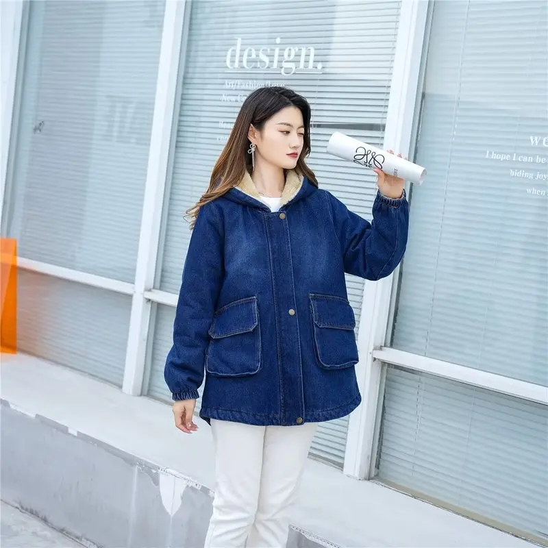 2023 Autumn Winter Women Warm Fleece Thickened Coat Jacket Denim Hooded Coat Denim Cotton Jacket Female Chic Outwear Top Clothe