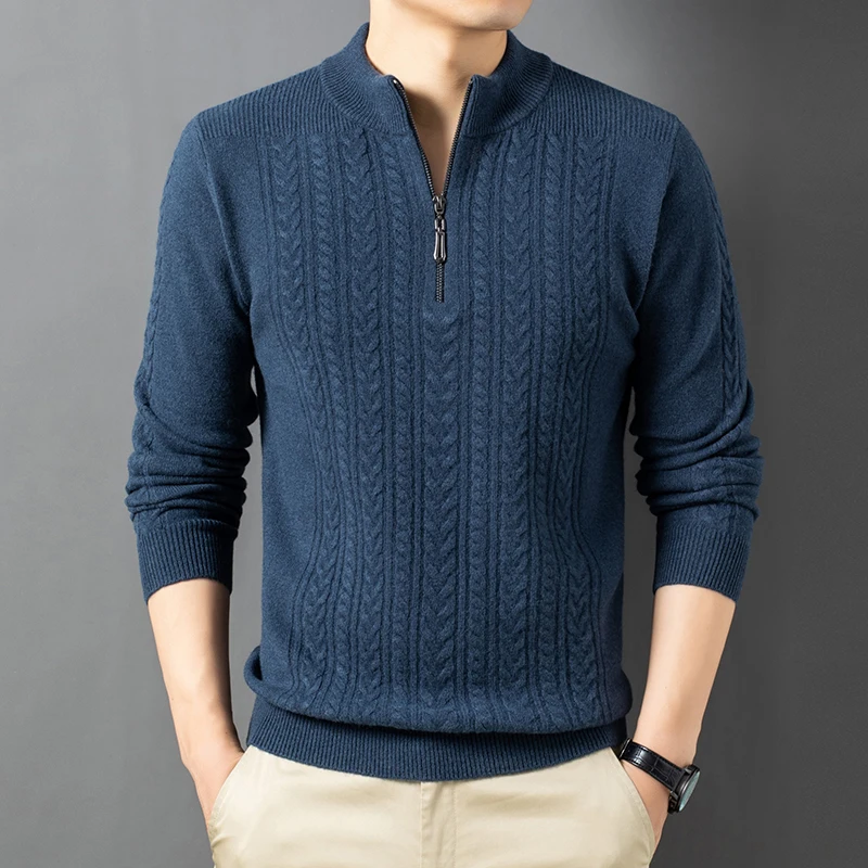 

Мужской шерстяной свитер из 100% чистой шерсти, высококачественный вязаный модный свитер с высоким воротником на молнии на осень и зиму