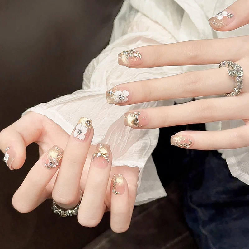 10 шт. милые накладные ногти ручной работы с цветком глянцевые алмазные полное