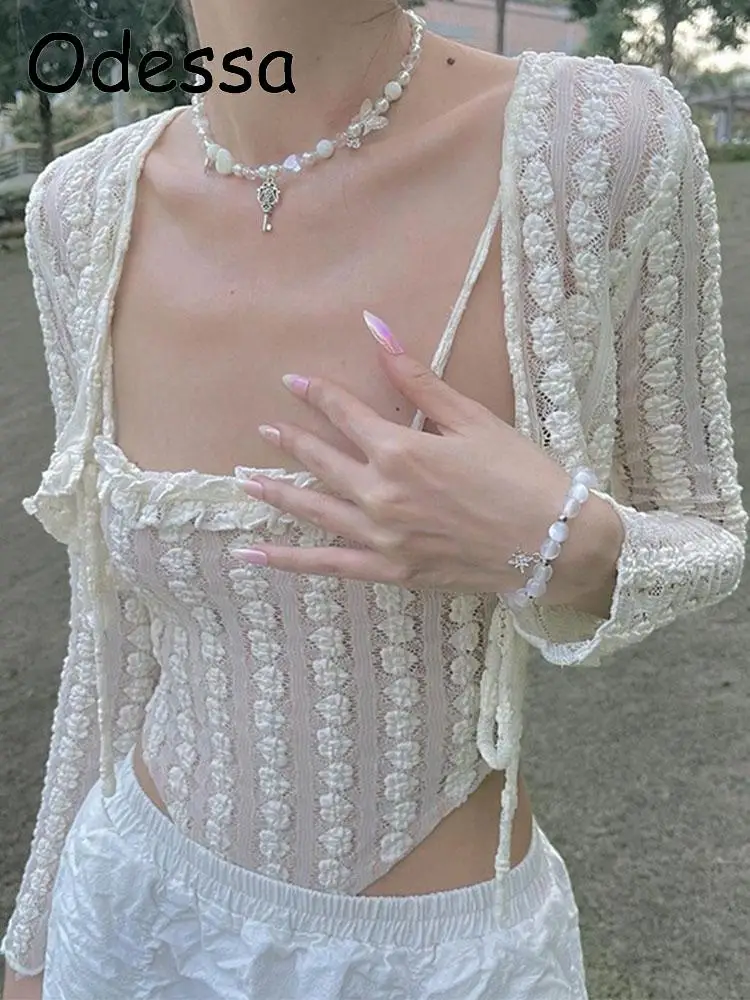 

Odessa Lace 2 Piece T-Shirts Women 2022 Y2K Long Sleeve Cover And Camis Vest Aesthetics Cute Ruffles Trim Bandage Outfits Summer