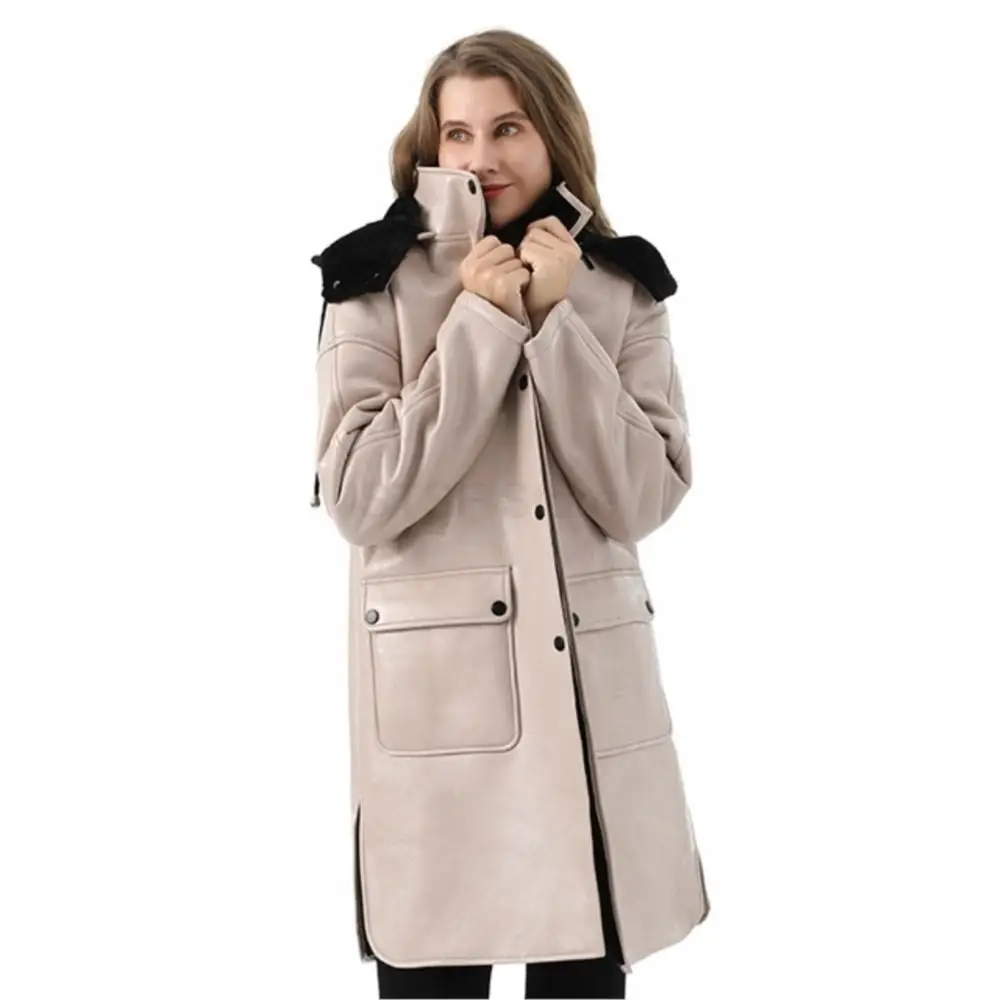 Women Real Leather Long With Detachable Hood Jacket Lapel Pocket Single Breasted Coat Pure Color Cowhide Women's Indbreaker