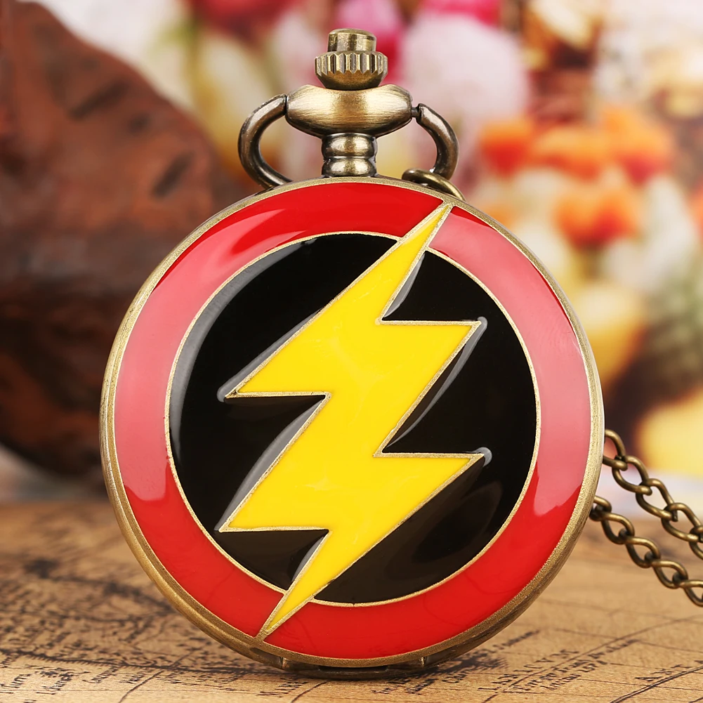 

Graphic Yellow Flash Lightning Anime Red Bronze Quartz Pocket Watch Analog Necklace Harajuku Clock Chain Cosplay Antique Gifts