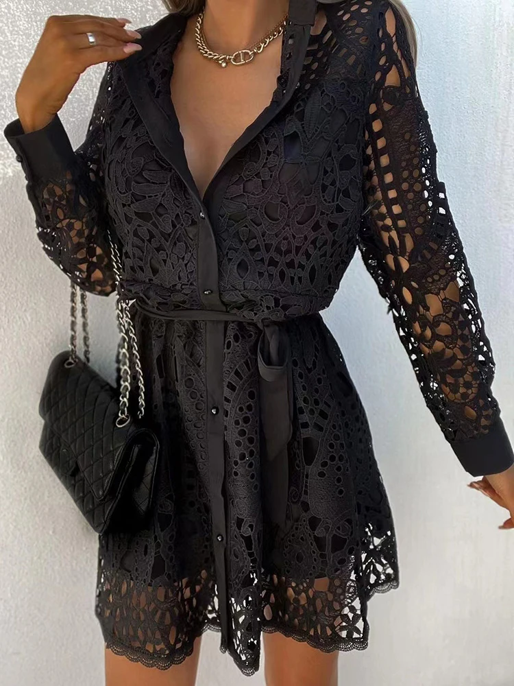 

Женское кружевное однобортное платье-рубашка, элегантное белое ажурное платье с рукавом 3/4, праздничные платья, весна-лето