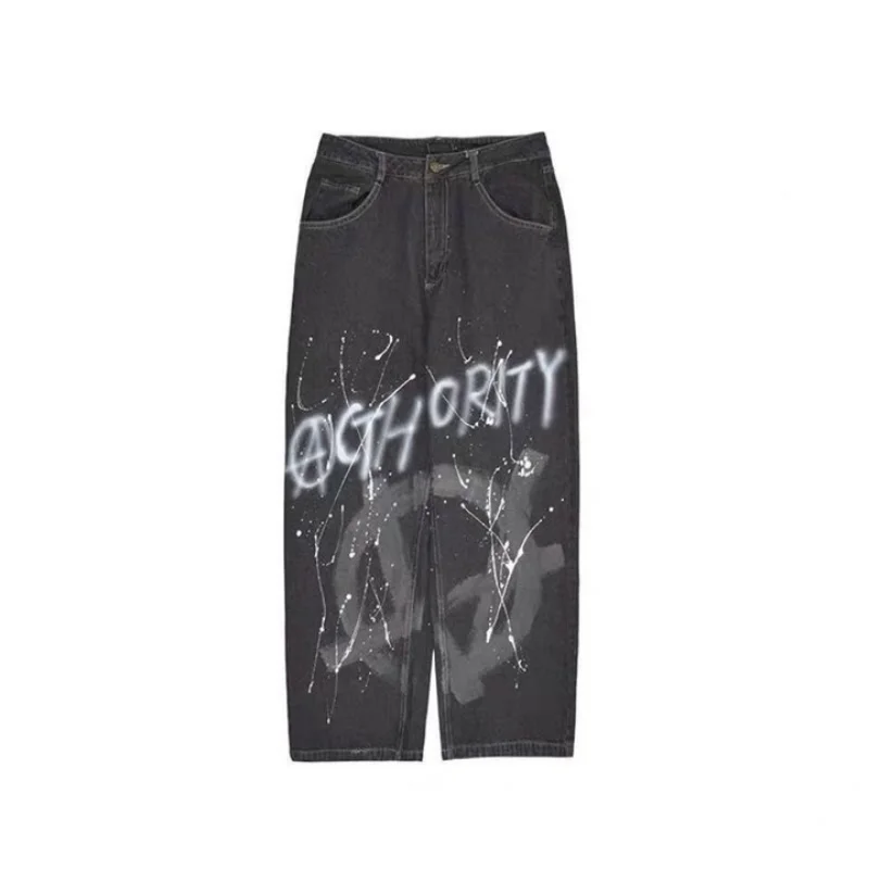 DEEPTOWN Straight Graffiti Jeans Men Streetwear Hip Hop Denim Pants Male Loose Punk Trousers Fashion Casual Letter Black Blue