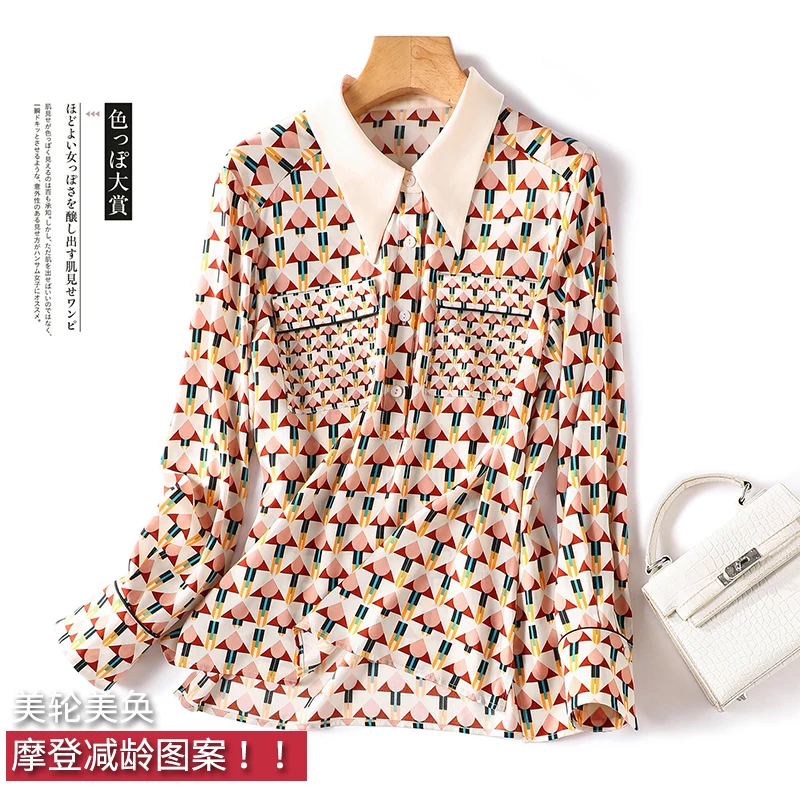 

2023 Spring Shirt Women Natural Silk Print Luxury High Quality Button Up Blusas Mujer Blouses Women Tops SATIN Shirts