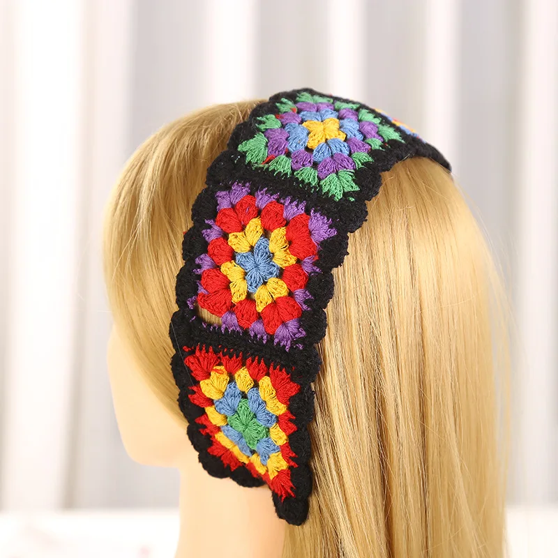 

Crochet Colorful Bandana Knitted Hair Kerchief Tie Back Head Wrap Color Matching Pastoral Turban for Girls Photo Props
