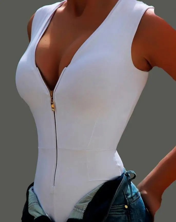 

Женское боди на молнии спереди без рукавов с V-образным вырезом