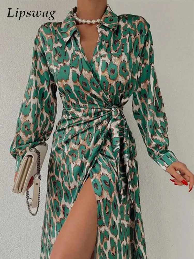 

Fashion Long Sleeve Waisted Lace Up Dress Elegant Lapel Leopard Print Long Dress Spring Women Sexy V Neck Split Cardigan Dresses