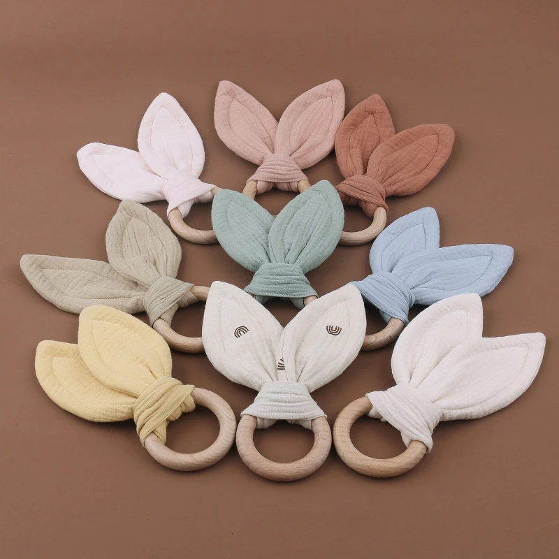 

Деревянный Детский Прорезыватель для зубов из хлопчатобумажной ткани, кольцо-грызунок с заячьими ушами, погремушка-игрушка для новорожден...