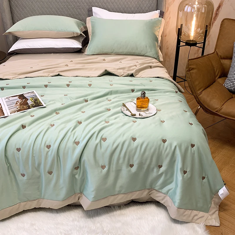 

New Summer Tencel Quilt Air Conditioner Was Washed Silk Cool Blanket Single Double Embroidery Thin Quilt bed Sheet Pillowcase