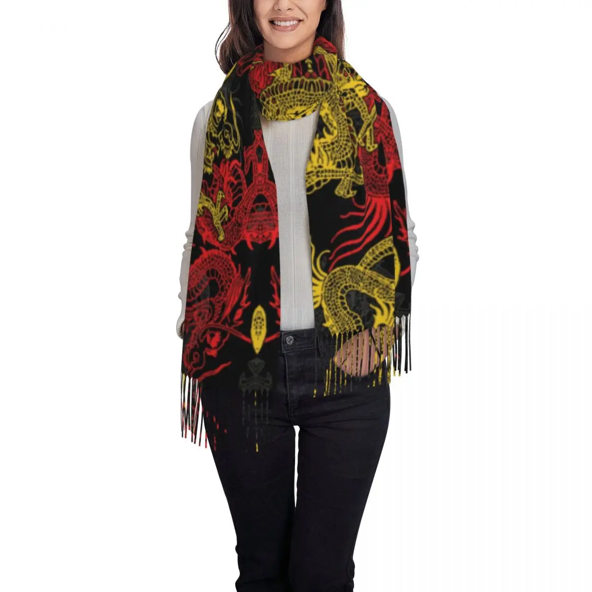 Изготовленный на заказ золотой китайский дракон узор шарф с кисточками женский