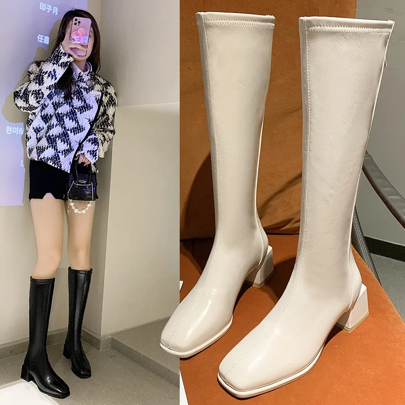 

Long boots women's knee-high 2022 autumn and winter new Korean version square toe thick heel high boots elastic long tube