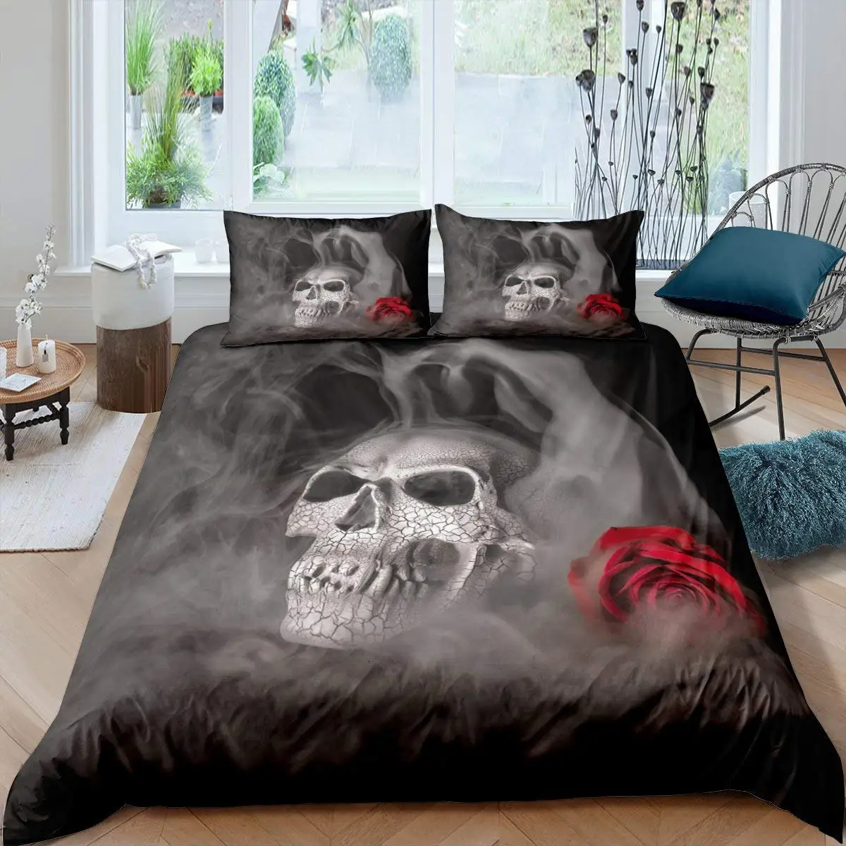 

Sugar Skull Duvet Cover for Lover Sweetheart Roses Twin Bedding Set Microfiber Halloween Men Smoke Fog Horror Gothic Quilt Cover