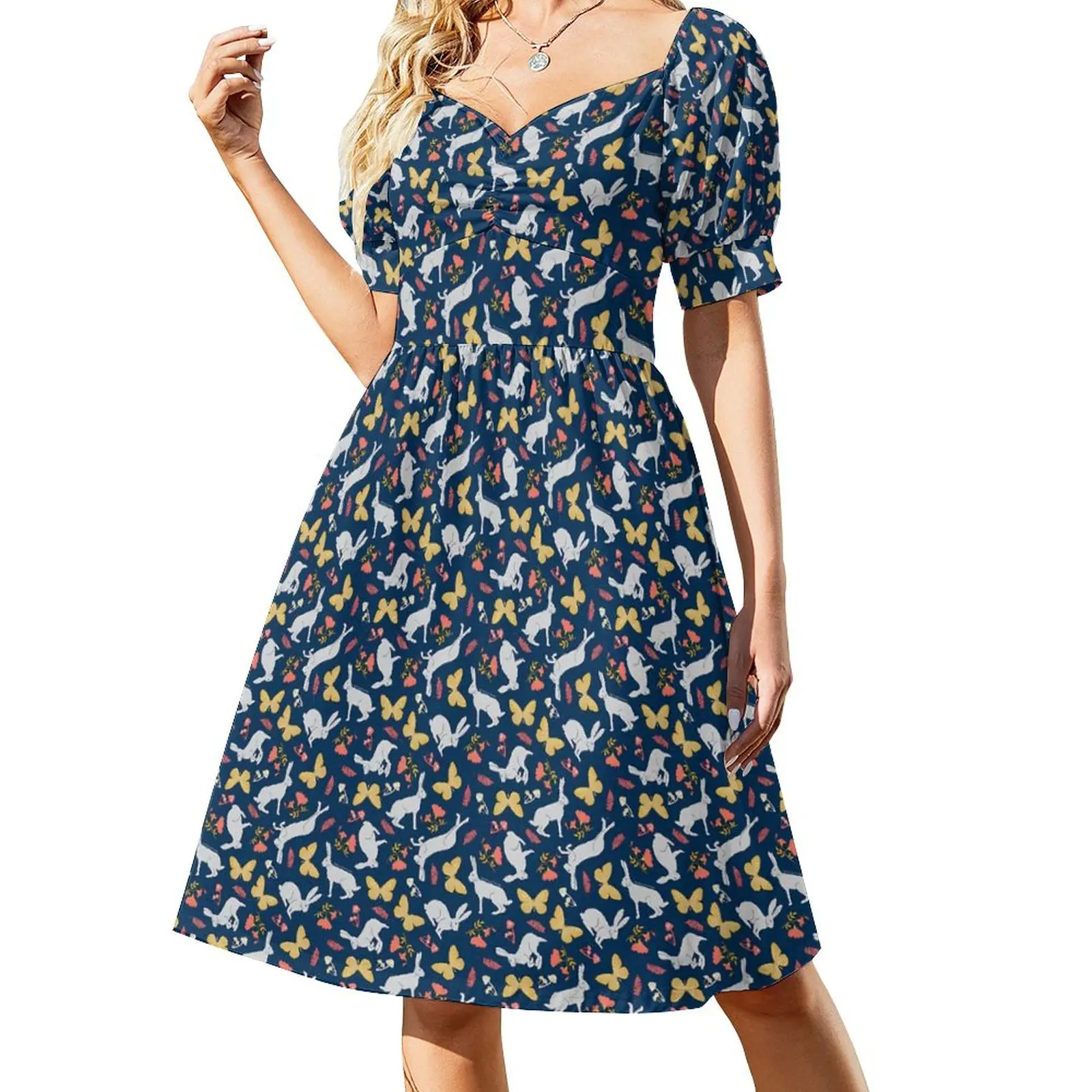 

Cute Rabbit Dress Butterflies Print Pretty Dresses Ladies Short Sleeve Aesthetic Casual Dress V Neck Big Size Vestido