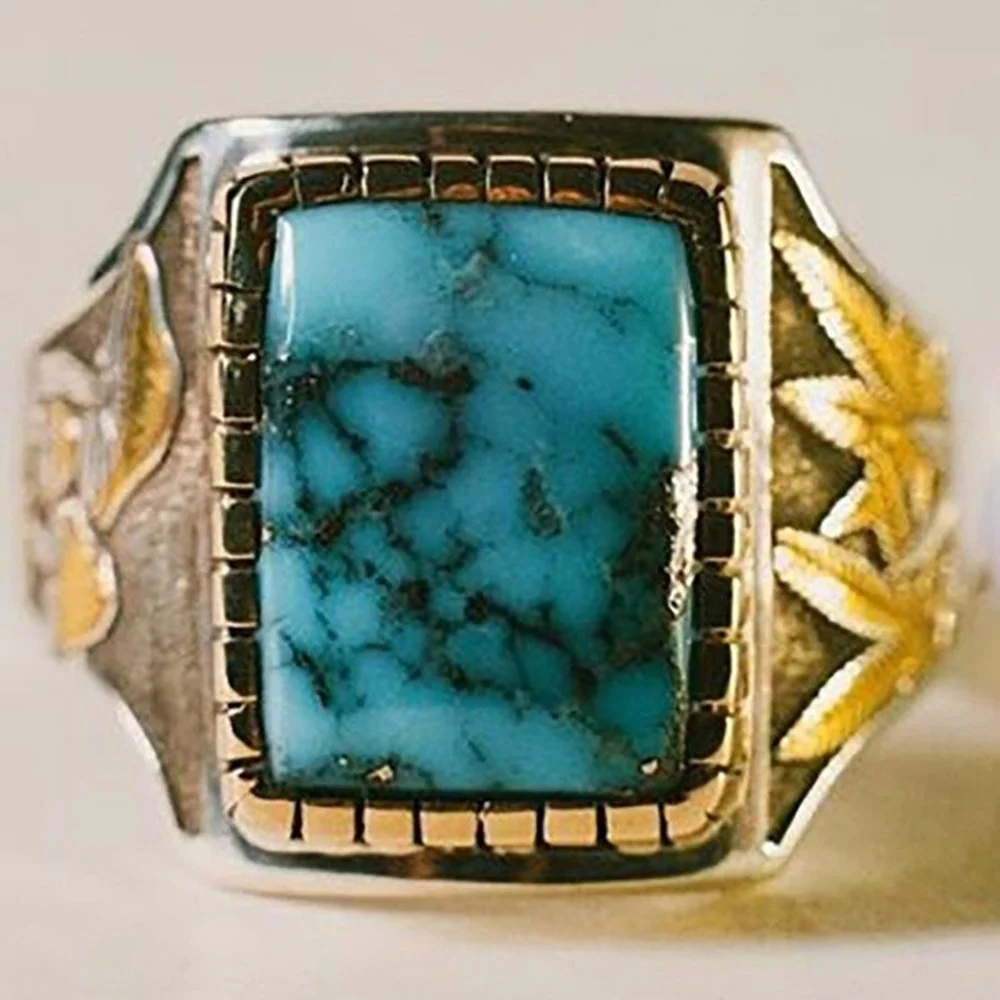 

Hot Sale Fashion Classic Inlaid Green Stone Bohemian Vintage Maple Leaf Ring Fashion Ring for Men and Women Ethnic Jewelry