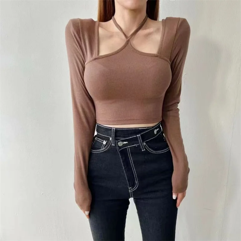 

2022 new fashion autumn girls' suspenders shoulder hollow out long sleeve solid color short high waisted leggings T-shirt top