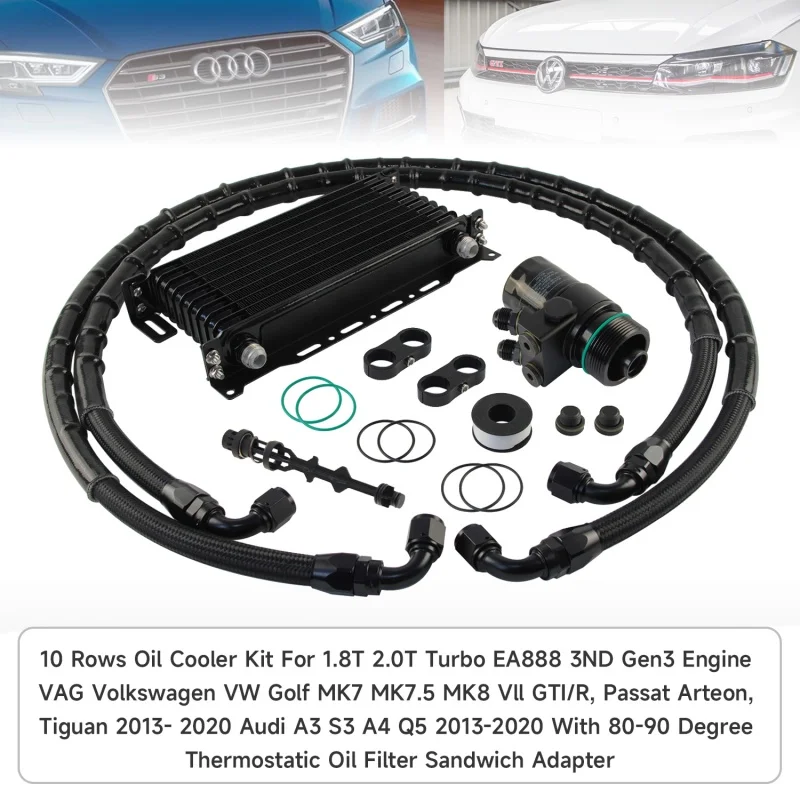 

Масляный радиатор для VW Golf GTI, черный, с адаптером для масляного фильтра, 10 рядов, комплект AN10, для MK7, MK7.5, MK8, 1.8/2.0T, EA888, 3-го поколения, 2013-2020 гг.