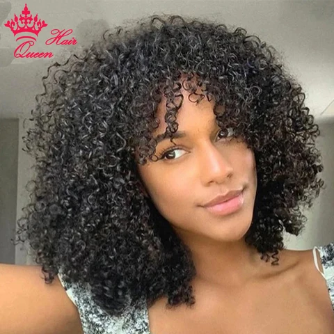 Afro kinky Curly Wig Short Cut Bob Wigs With Bangs Brazilian Raw Hair Wigs For Women Glueless Full Machine Made Wig Queen Hair